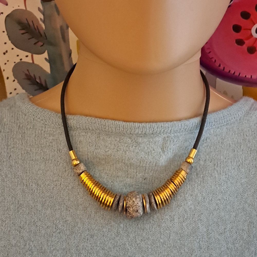 Modern Gold and Gray Textured Black Cord Necklace